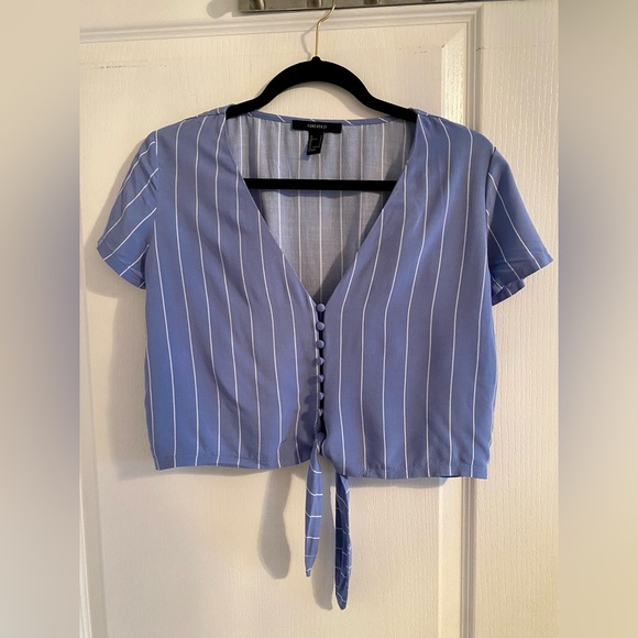 Blue Cropped Buttoned Blouse - Picture 1 of 6
